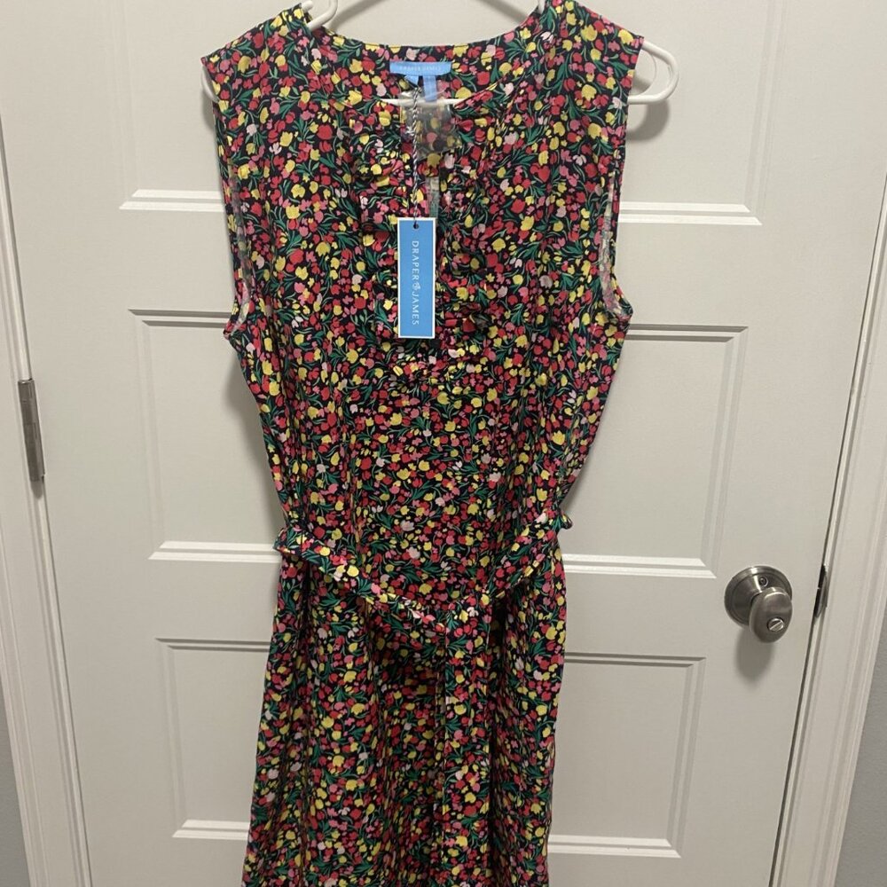 Draper James Floral Linen Sleeveless Belted Ruffle Ruffle Shift Dress NWT